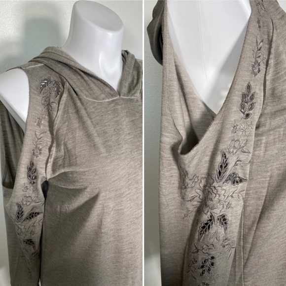 Knox Rose Floral embroidered Cut Out Cold Shoulder Hooded Sweatshirt Taupe XXL - Picture 4 of 9
